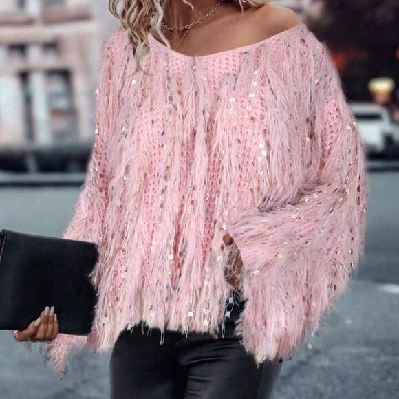 Pink Casual Women's V-Neck Fringe Sequin Knit Sweater - Picture 3 of 6